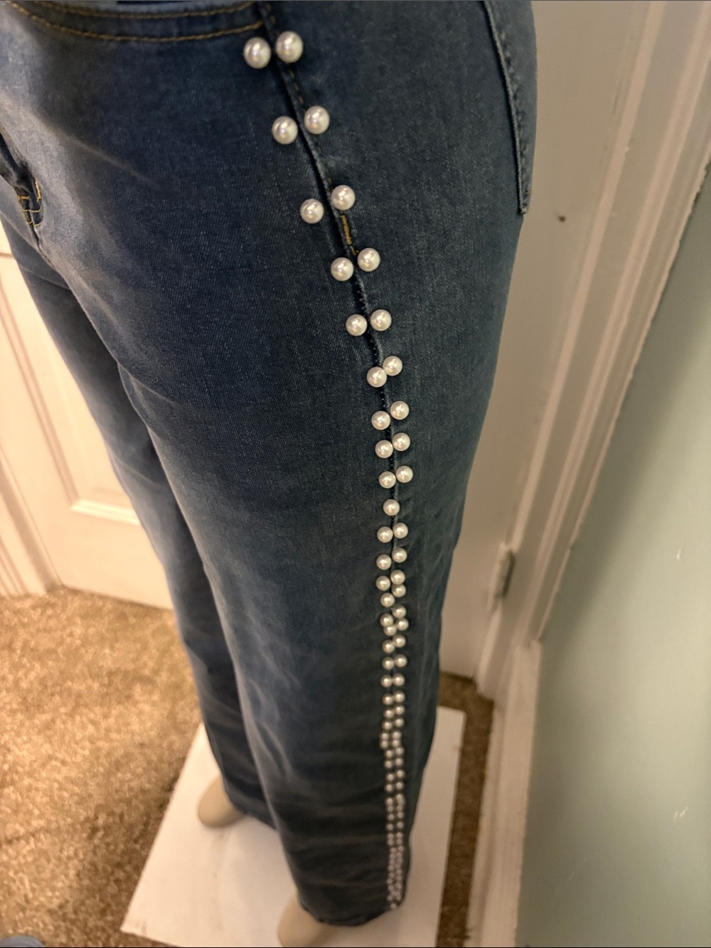 Pearl-Trim Wide Leg Denim Jeans - Blue - Picture 6 of 8